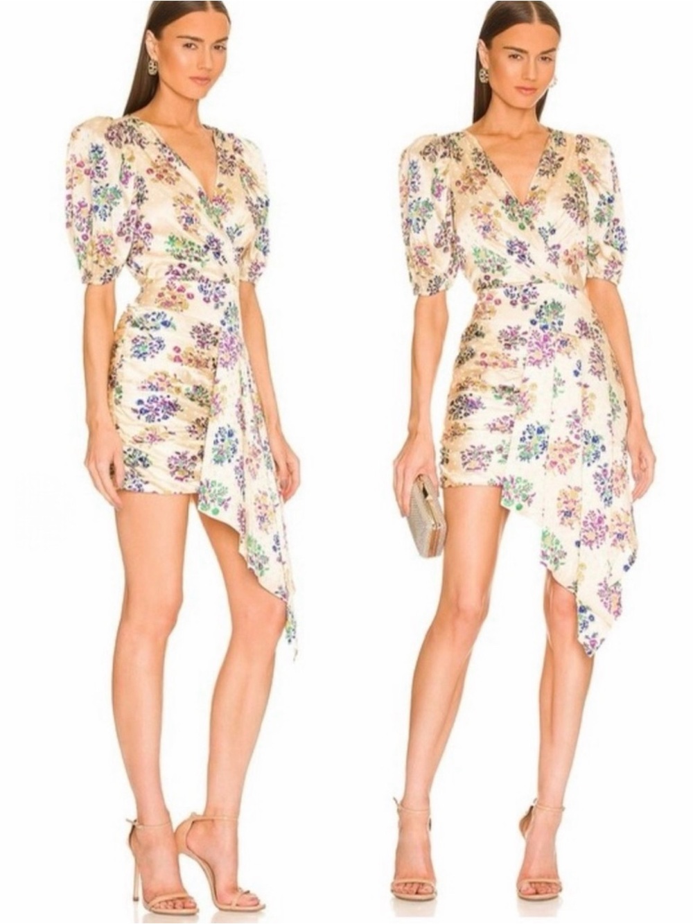 RONNY KOBO Monica Silk Floral Print Ruched  Waist Short Sleeve V Neck Mini Dress
